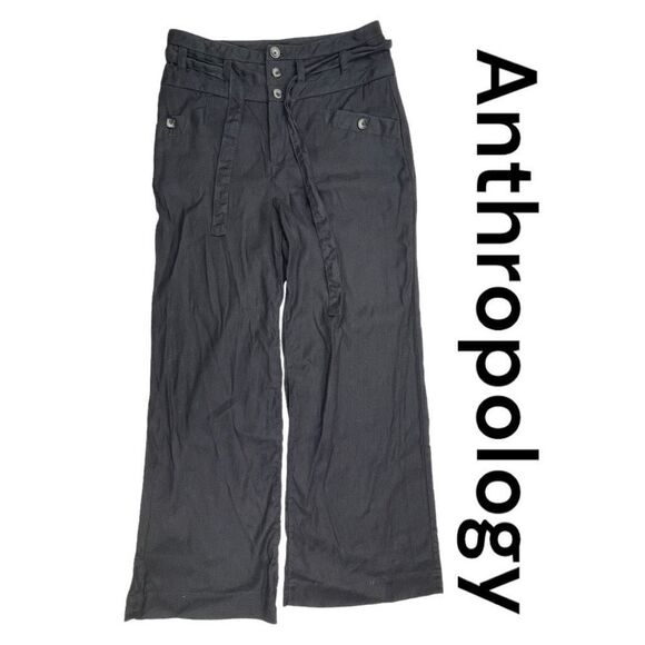 Anthropologie Pants Women 2 Black Linen Blend Belted Three Button Front Wide Leg - Picture 1 of 8